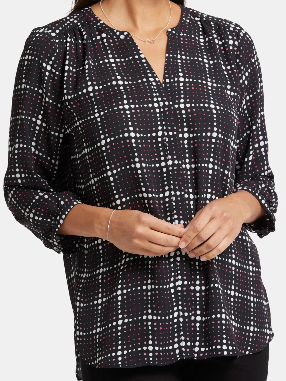 NYDJ Black Split-Neck Dot Blouse White Pink Large L